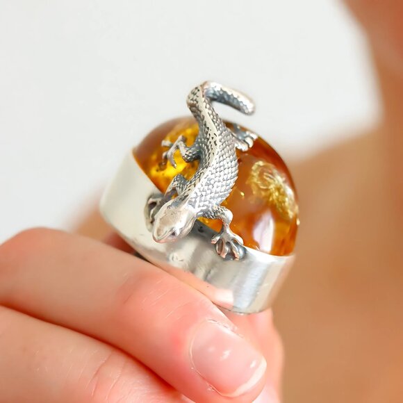 Baltic Amber Gecko Ring in 925 Sterling Silver - Handmade - Picture 4 of 9